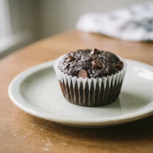 Bird's-eye view of three dark brownie muffins topped with chocolate chips on a cooling rack.