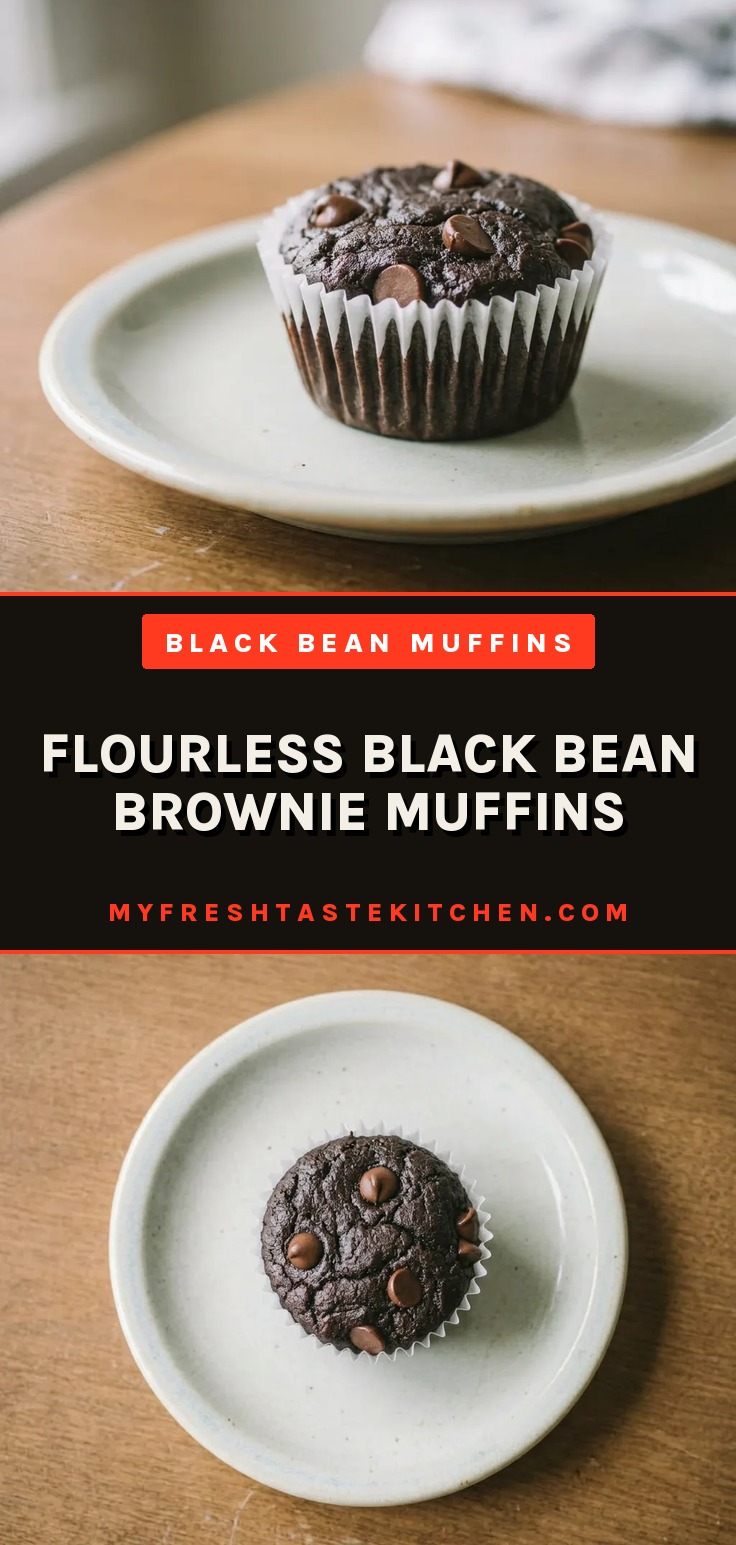 Bird's-eye view of three dark brownie muffins topped with chocolate chips on a cooling rack.