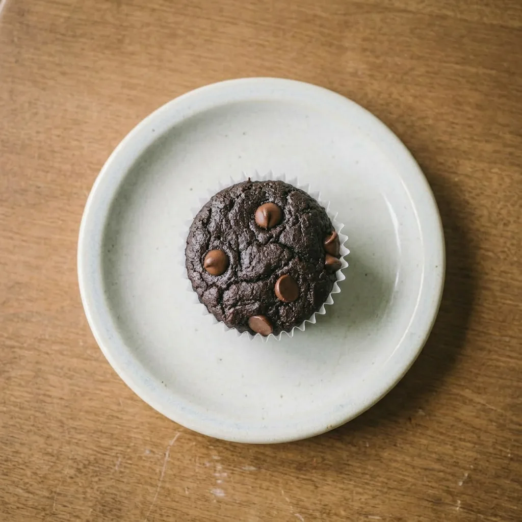 Ready to serve: two muffins on a plate, one cut open revealing a moist, dark crumb with melted chocolate chips.
