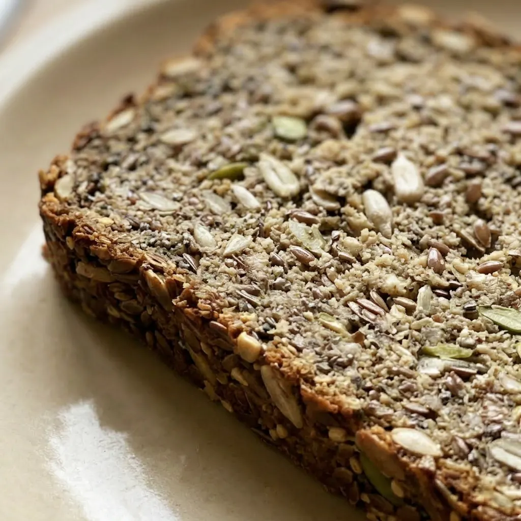 Macro detail of a slice showing dense crumb with visible flaxseeds, chia seeds, and whole seeds.