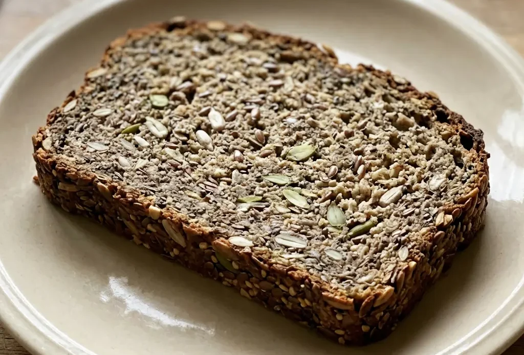 Top-down look at a round seeded loaf with sunflower and pumpkin seeds scattered on a dark crust.
