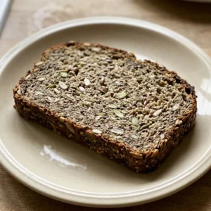 Top-down look at a round seeded loaf with sunflower and pumpkin seeds scattered on a dark crust.