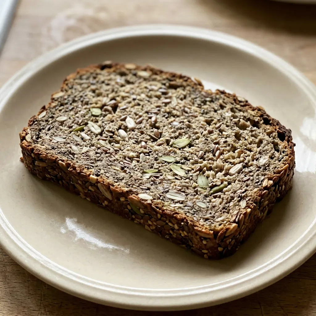 Top-down look at a round seeded loaf with sunflower and pumpkin seeds scattered on a dark crust.