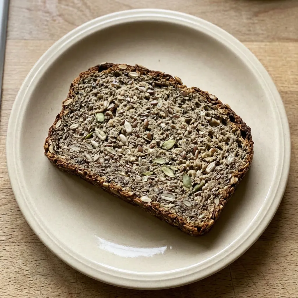 A serving of two thick slices of seed-studded bread with a side of olive oil for dipping.