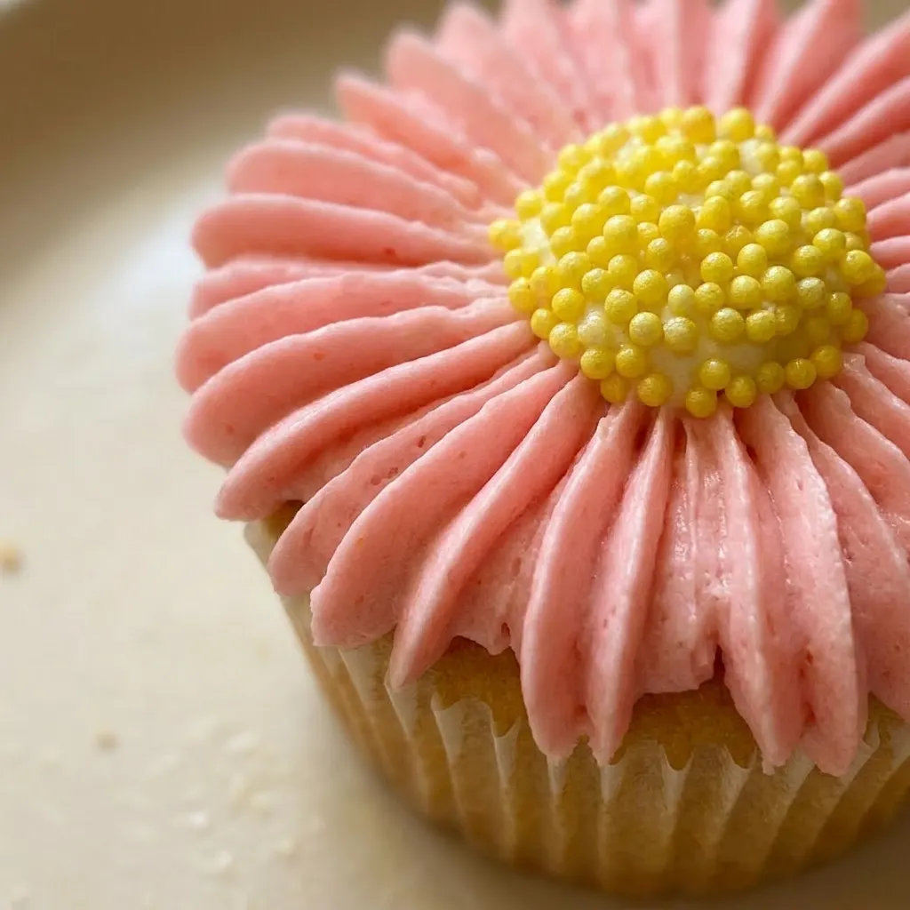 Macro detail of a flower cupcake with pink buttercream petals, a white center, and visible vanilla cake crumb texture.
