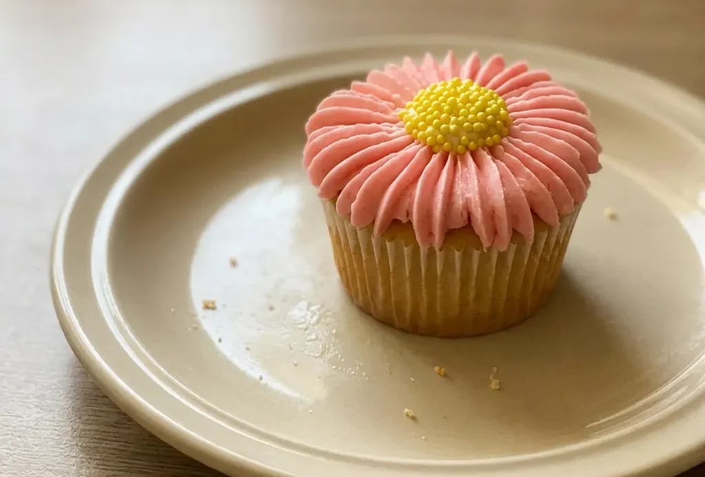 Top-down look at three flower-shaped cupcakes with pink, yellow, and purple buttercream petals and white centers.