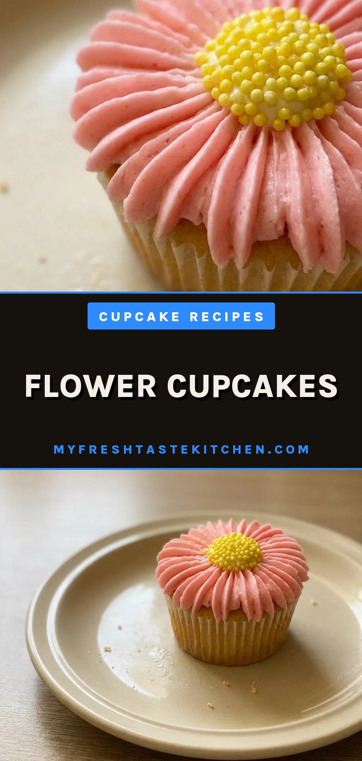Top-down look at three flower-shaped cupcakes with pink, yellow, and purple buttercream petals and white centers.