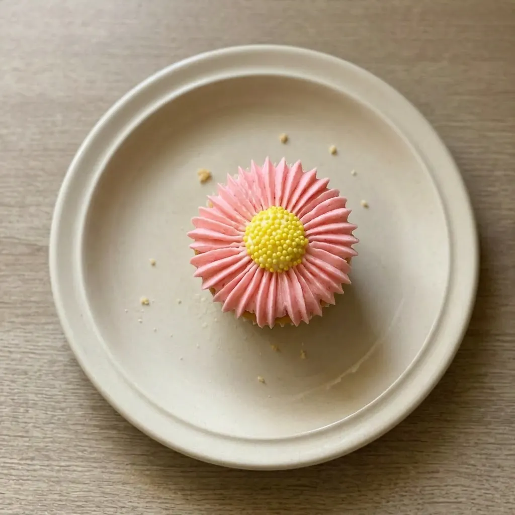 A serving of flower cupcakes with buttercream frosting in pink, yellow, and purple, each with a white center.