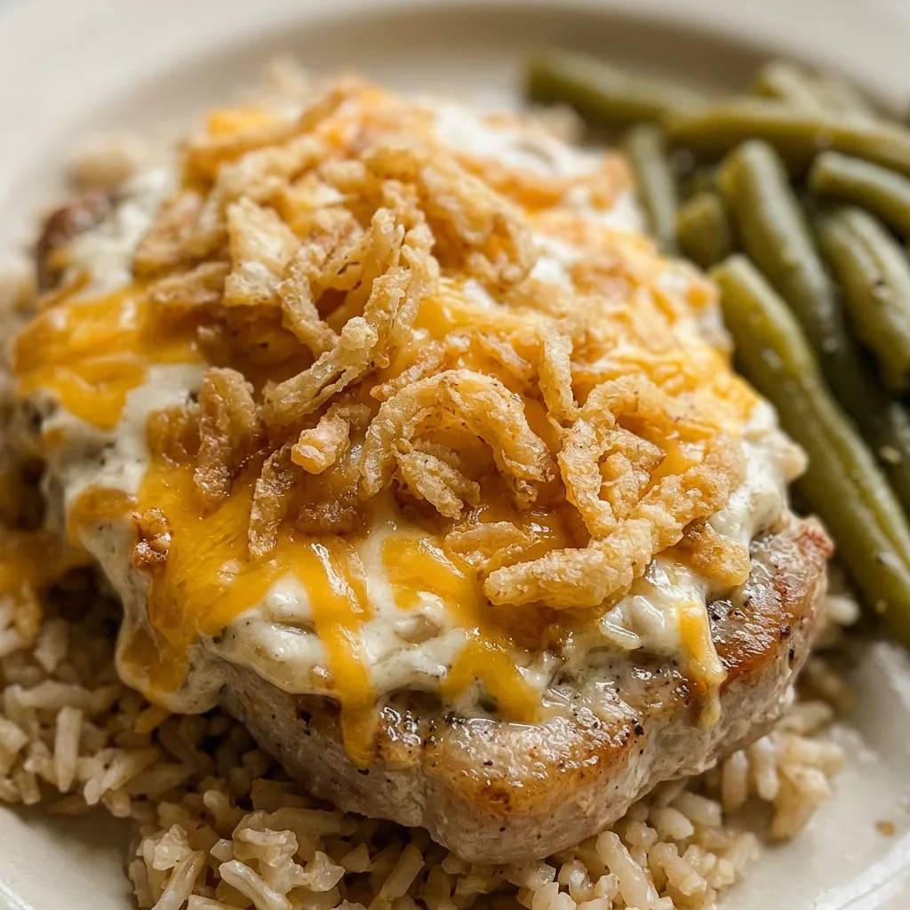 Macro detail of a pork chop edge with gooey cheddar, crunchy fried onions, and a swipe of French onion dip.