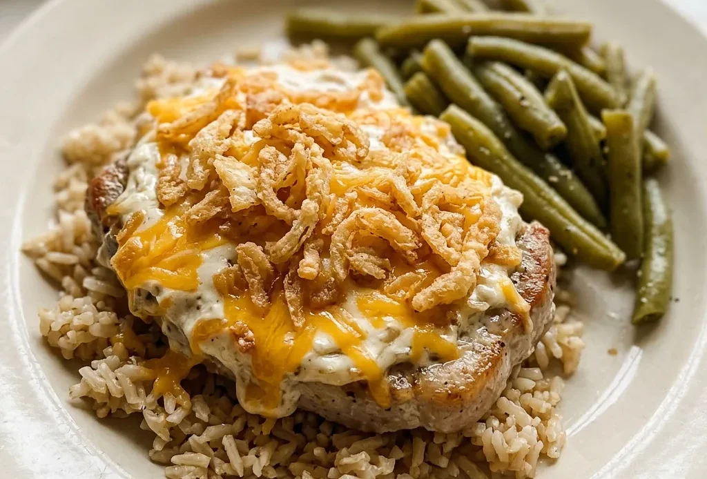 Top-down look at two breaded pork chops topped with melted cheddar cheese and crispy fried onions.