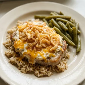 Top-down look at two breaded pork chops topped with melted cheddar cheese and crispy fried onions.