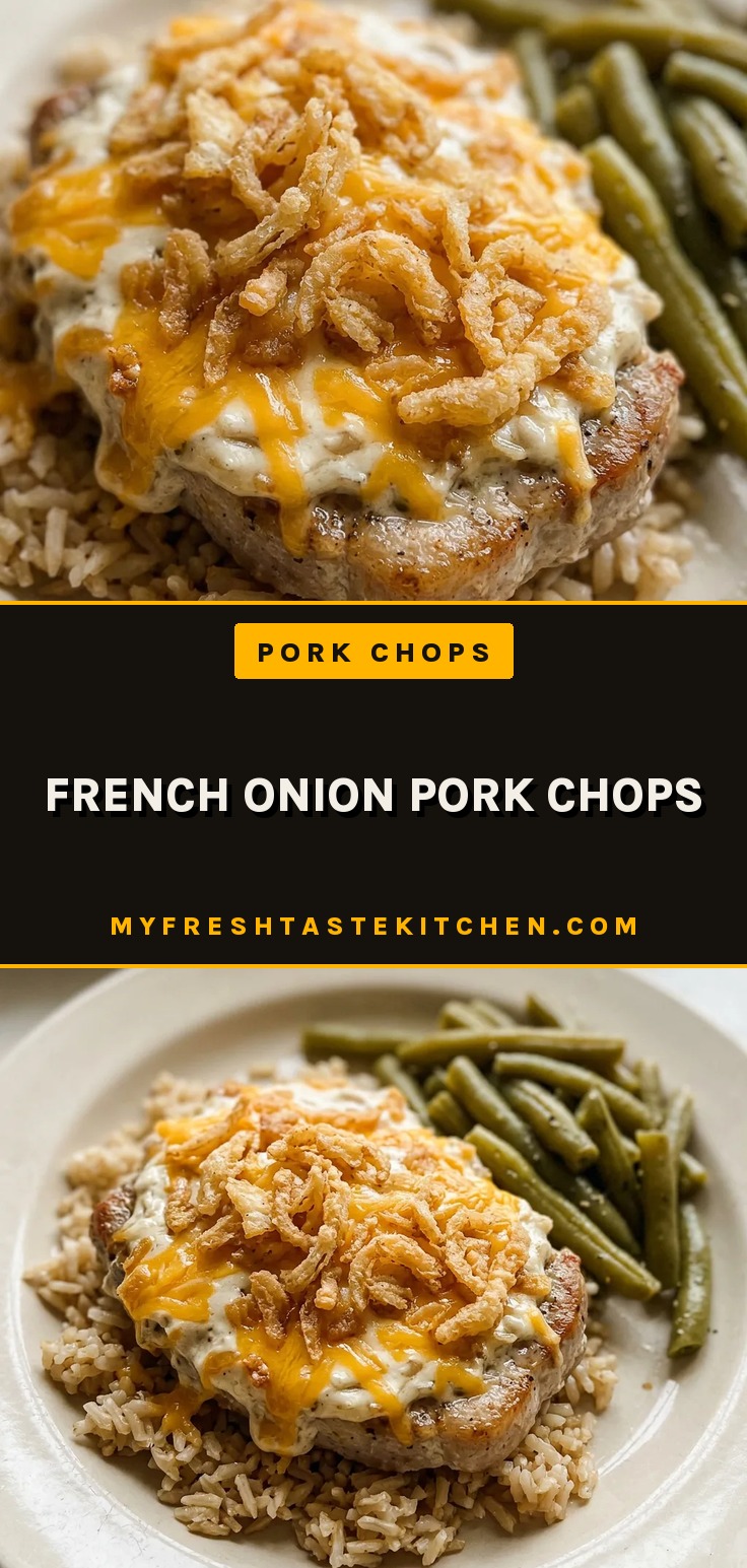 Top-down look at two breaded pork chops topped with melted cheddar cheese and crispy fried onions.