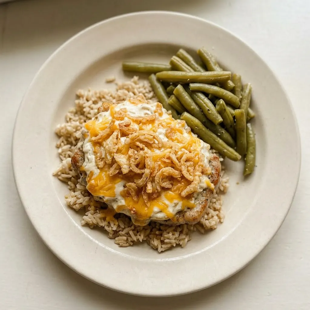 A serving of a single pork chop coated in golden fried onions, with melted cheddar cheese and a dollop of French onion dip.