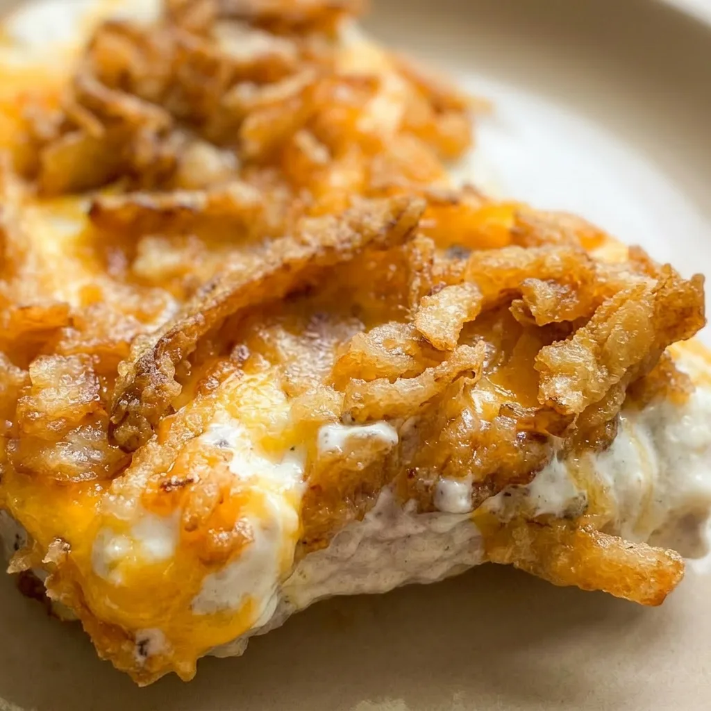 Macro detail of a pork chop with bubbly melted cheddar, crunchy fried onions, and a creamy sour cream dip beside it.