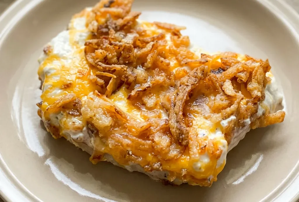 Top-down look at two breaded pork chops topped with melted cheddar and crispy fried onions, with a dollop of sour cream dip.