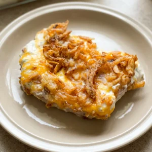 Top-down look at two breaded pork chops topped with melted cheddar and crispy fried onions, with a dollop of sour cream dip.