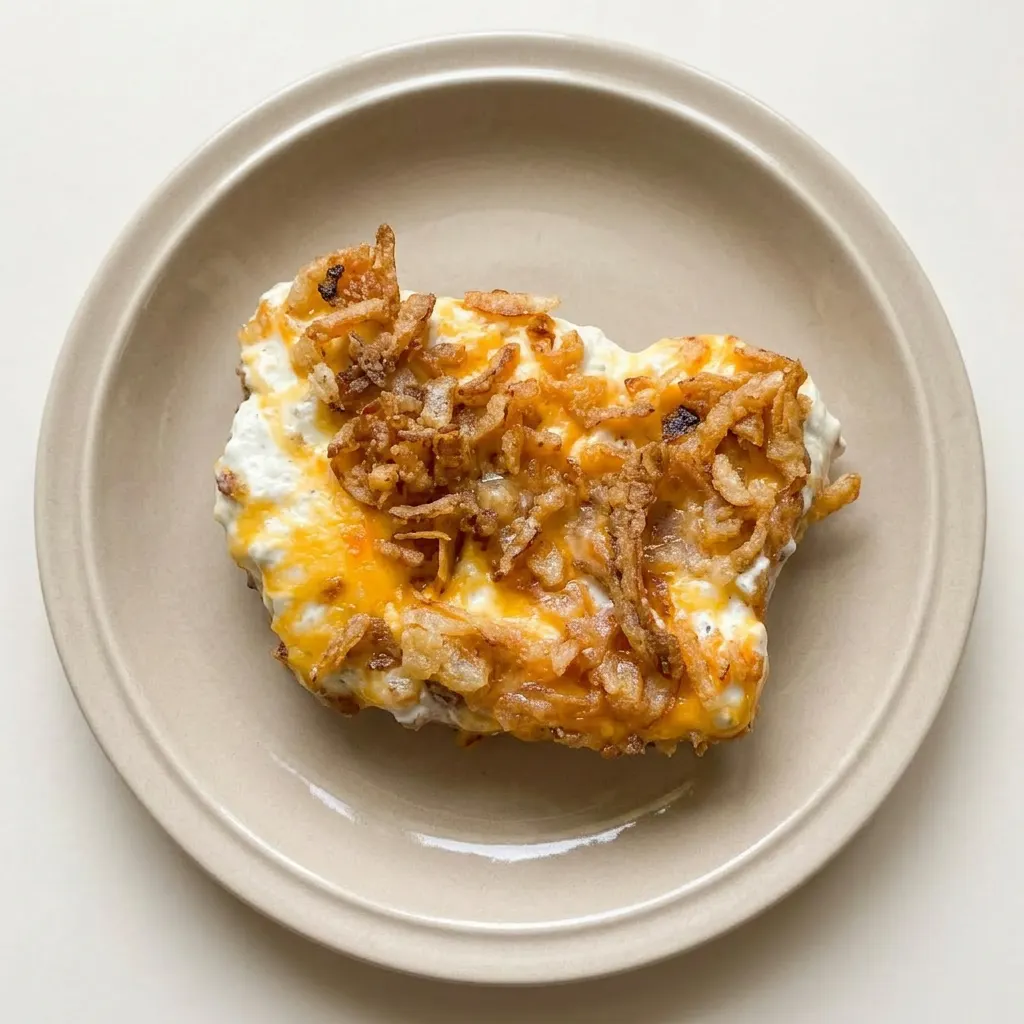 A serving of pork chops smothered in melted cheddar cheese and French fried onions, with a side of sour cream dip.