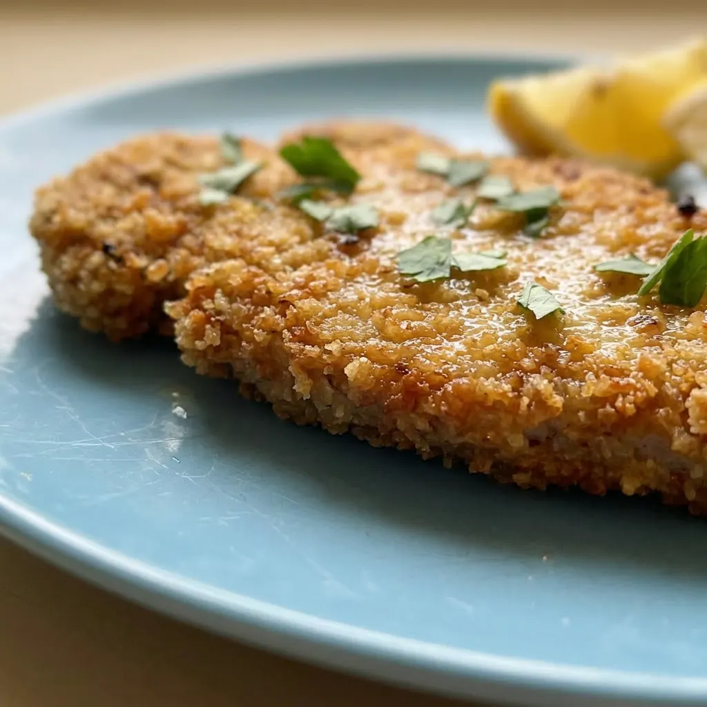 Macro detail of a breaded pork chop with visible parmesan and panko crust, topped with garlic and lemon zest.