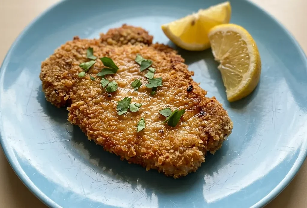 Top-down look at two breaded pork chops with grated parmesan and panko, garnished with lemon slices and crushed garlic.