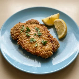 Top-down look at two breaded pork chops with grated parmesan and panko, garnished with lemon slices and crushed garlic.