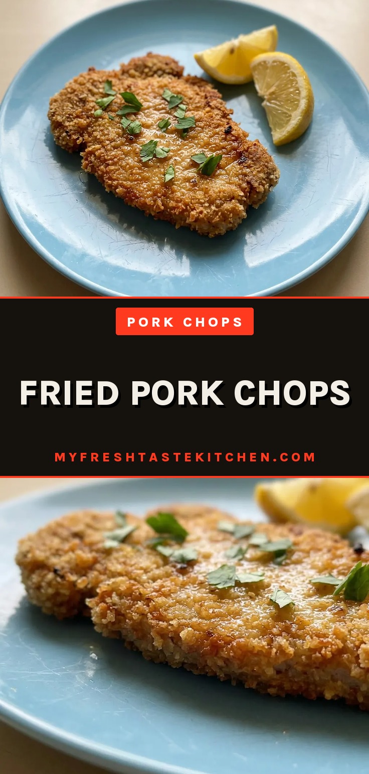 Top-down look at two breaded pork chops with grated parmesan and panko, garnished with lemon slices and crushed garlic.