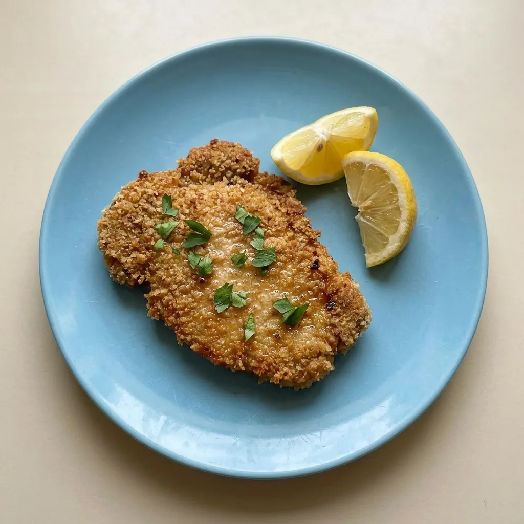 A serving of fried pork chops coated in parmesan and panko, with lemon wedges and garlic pieces on top.