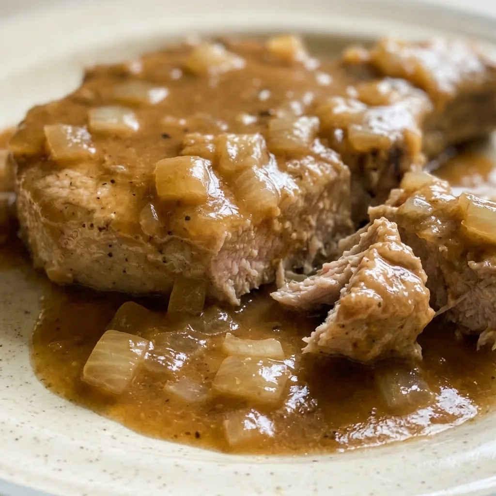 Up close, a pork chop glistens with gravy, dotted with caramelized onion pieces and a sprinkle of cornstarch-thickened sauce.