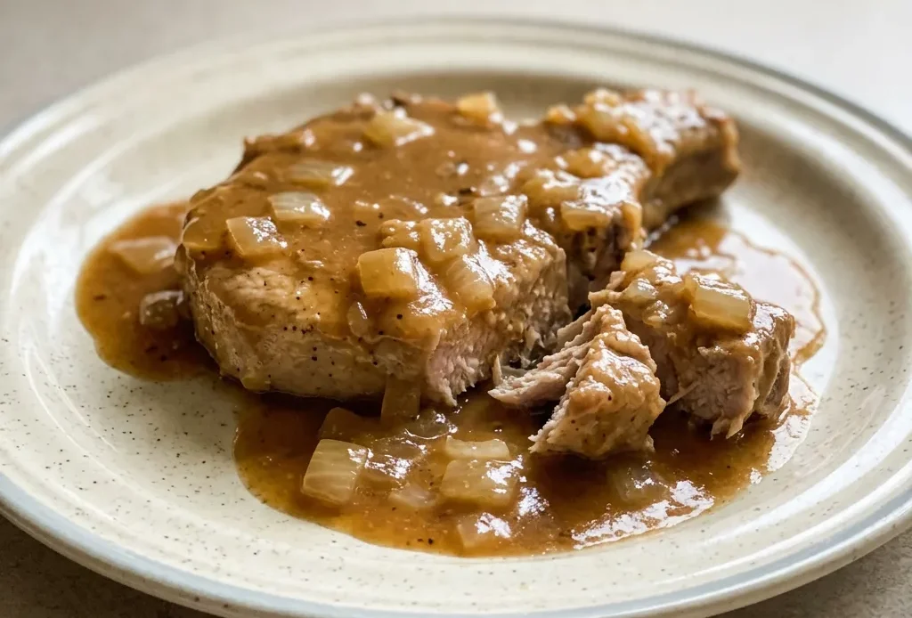 Looking down at a pork chop topped with sliced onions and a glossy brown gravy, with a pool of gravy on the side.
