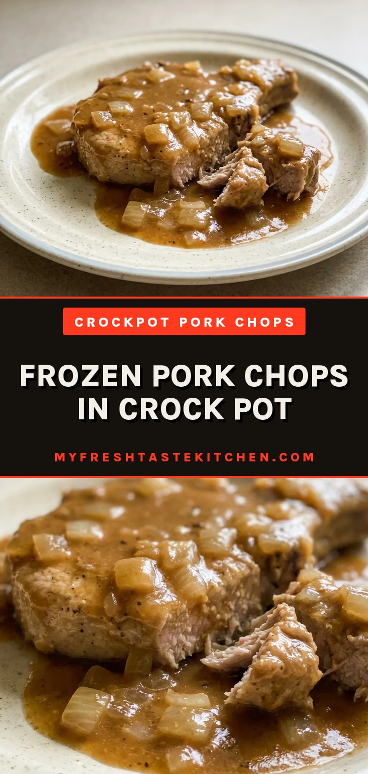 Looking down at a pork chop topped with sliced onions and a glossy brown gravy, with a pool of gravy on the side.