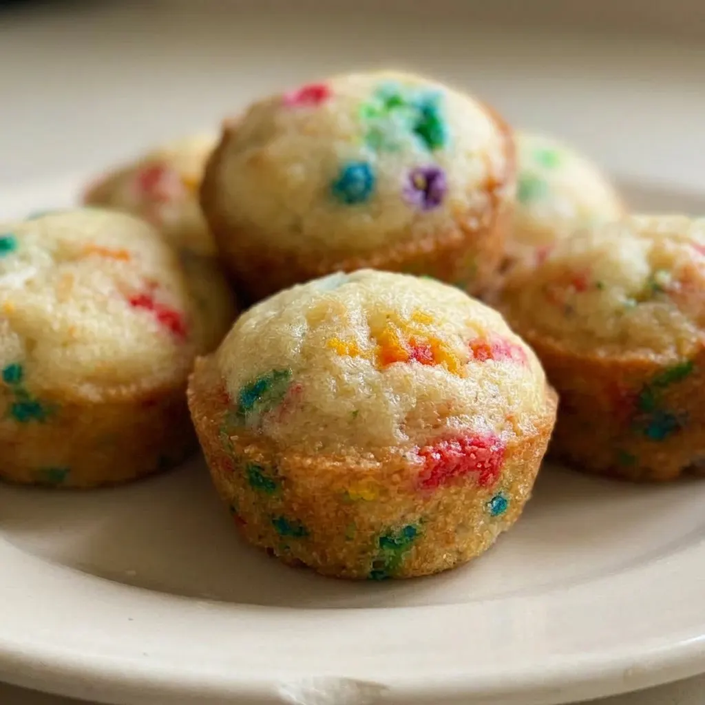 Close view of a mini muffin with a golden-brown top dotted with multicolor sprinkles.