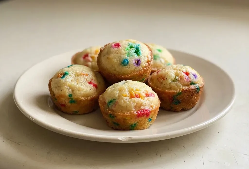 Overhead shot of round mini muffins with multicolor sprinkles on top, arranged in a circle.