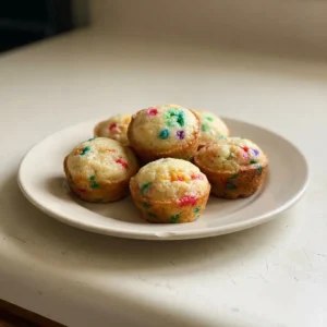 Overhead shot of round mini muffins with multicolor sprinkles on top, arranged in a circle.