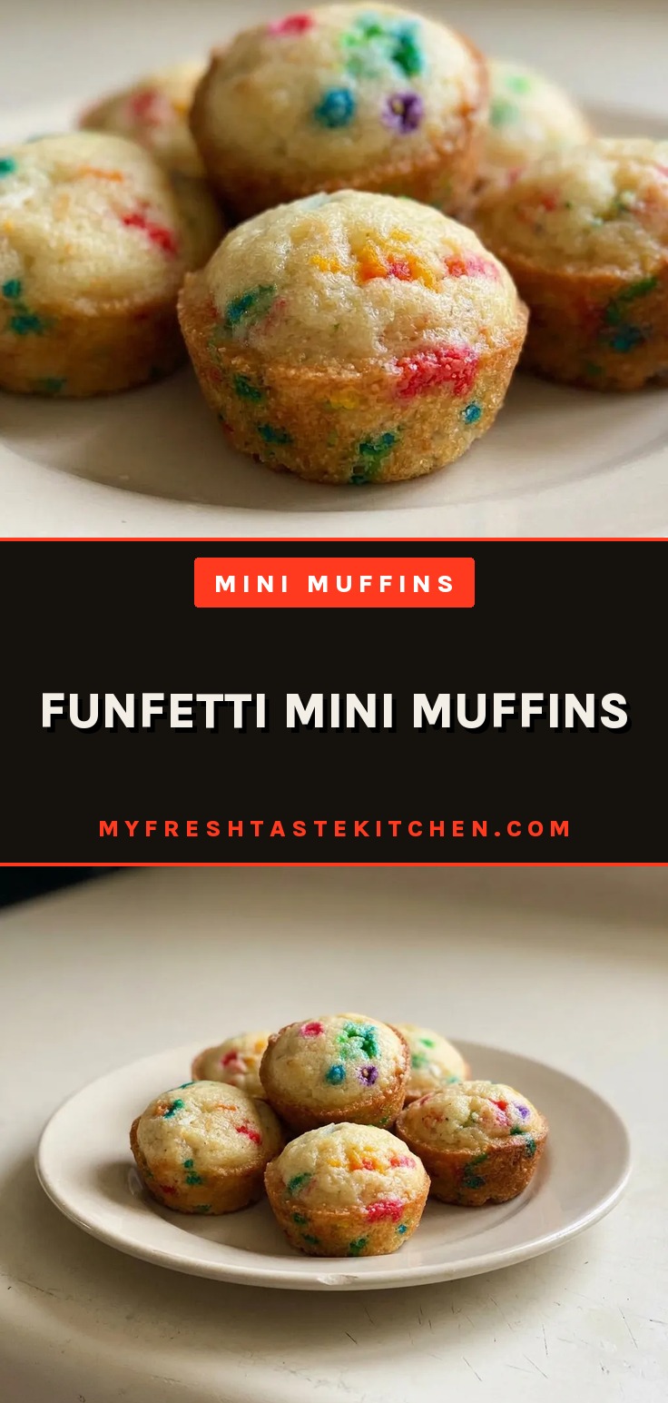 Overhead shot of round mini muffins with multicolor sprinkles on top, arranged in a circle.