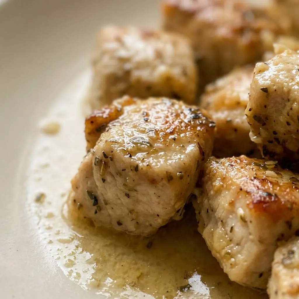 Macro detail of a chicken bite glistening with butter, topped with Italian seasoning and minced garlic.