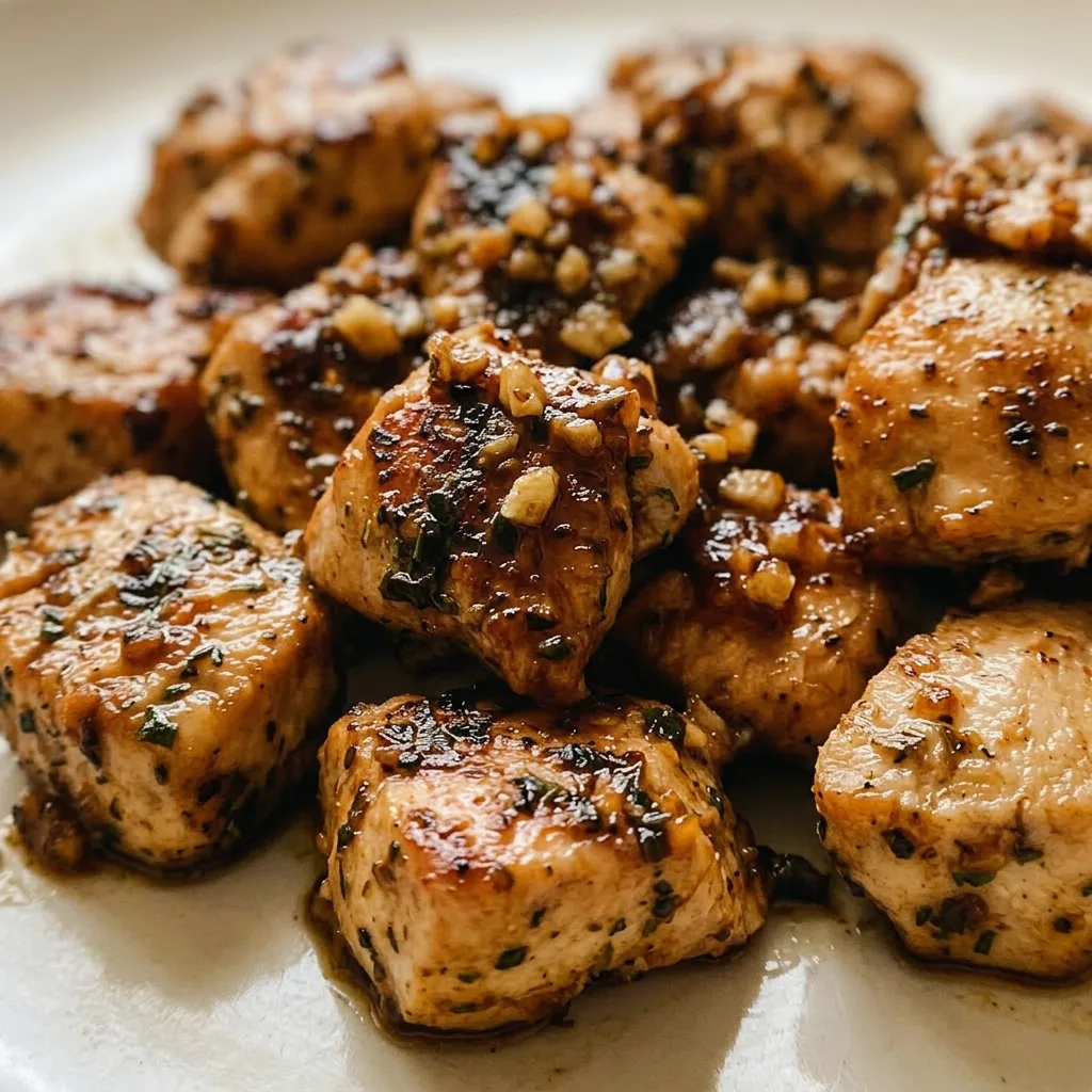 Zoomed in on a chicken bite coated in smoked paprika and herb de Provence, with a garlic clove and butter glistening on top.