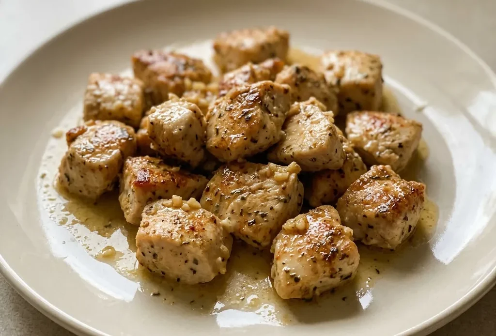 Top-down look at golden chicken bites scattered with garlic cloves and a sprinkle of smoked paprika.