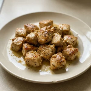 Top-down look at golden chicken bites scattered with garlic cloves and a sprinkle of smoked paprika.
