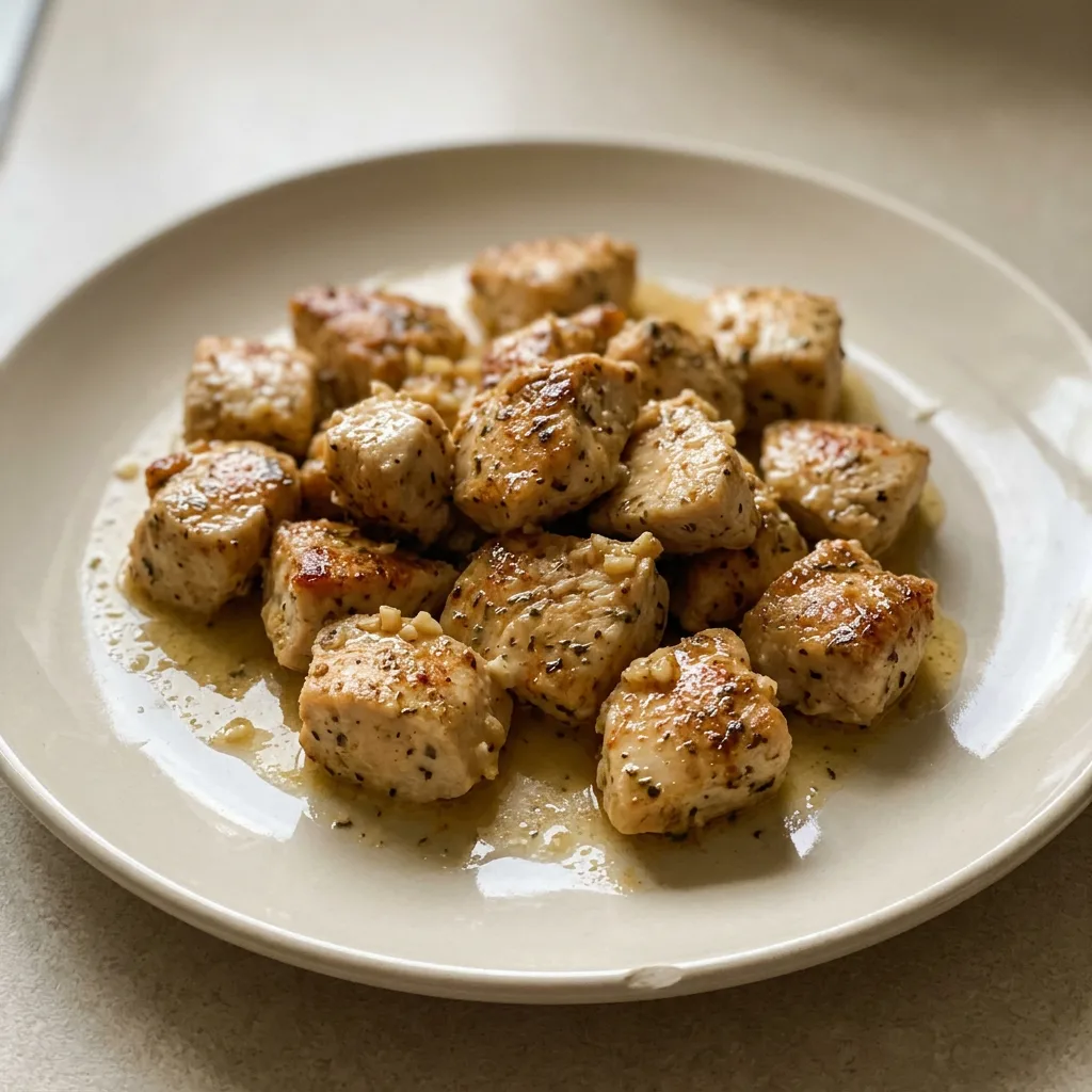 Top-down look at golden chicken bites scattered with garlic cloves and a sprinkle of smoked paprika.