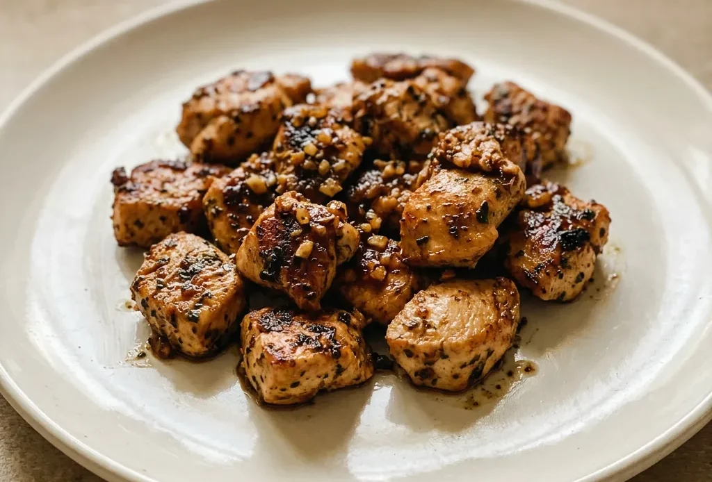Bird's-eye view of golden chicken bites with garlic cloves and herb de Provence scattered around, butter pooling beneath.
