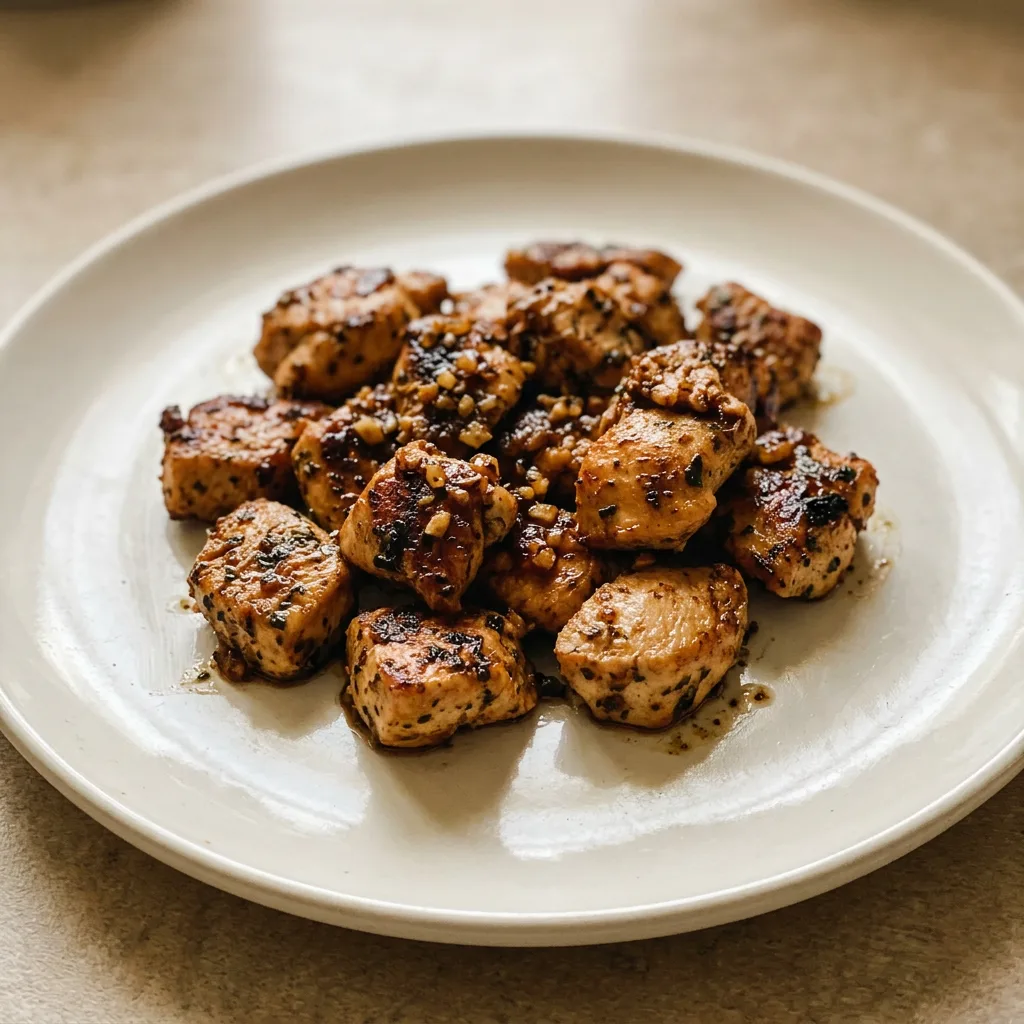 Bird's-eye view of golden chicken bites with garlic cloves and herb de Provence scattered around, butter pooling beneath.