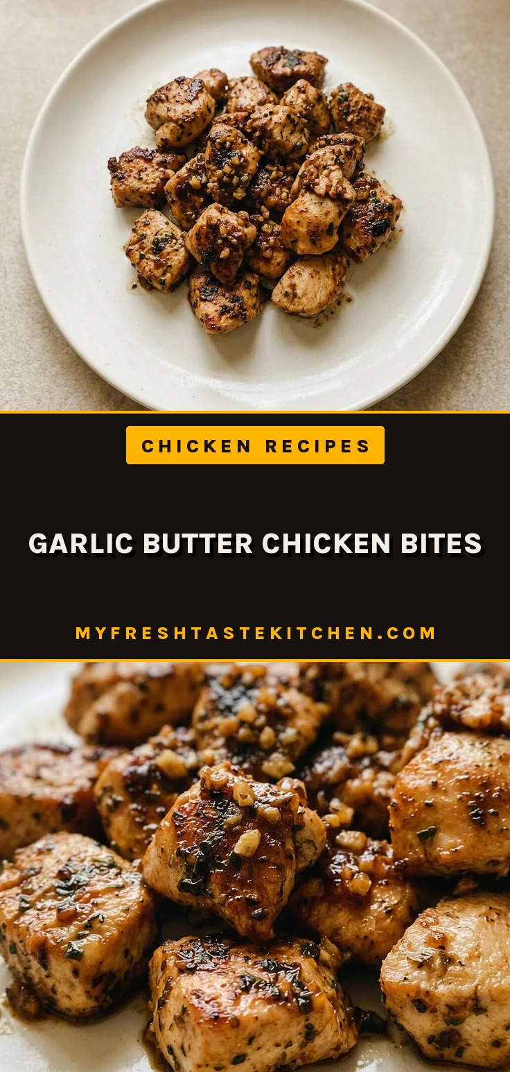 Bird's-eye view of golden chicken bites with garlic cloves and herb de Provence scattered around, butter pooling beneath.
