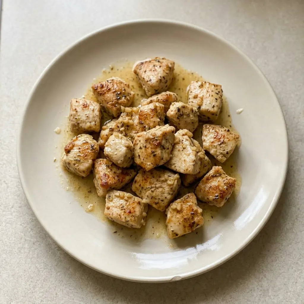 A serving of chicken bites coated in garlic butter sauce, garnished with smoked paprika and Italian herbs.