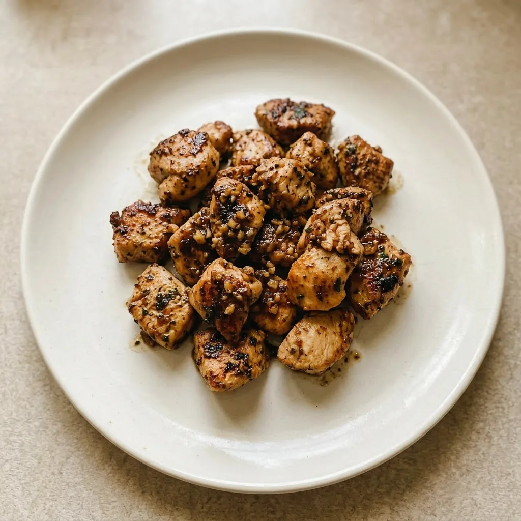 Ready to serve: chicken bites seasoned with smoked paprika and herb de Provence, garlic cloves and melted butter visible.