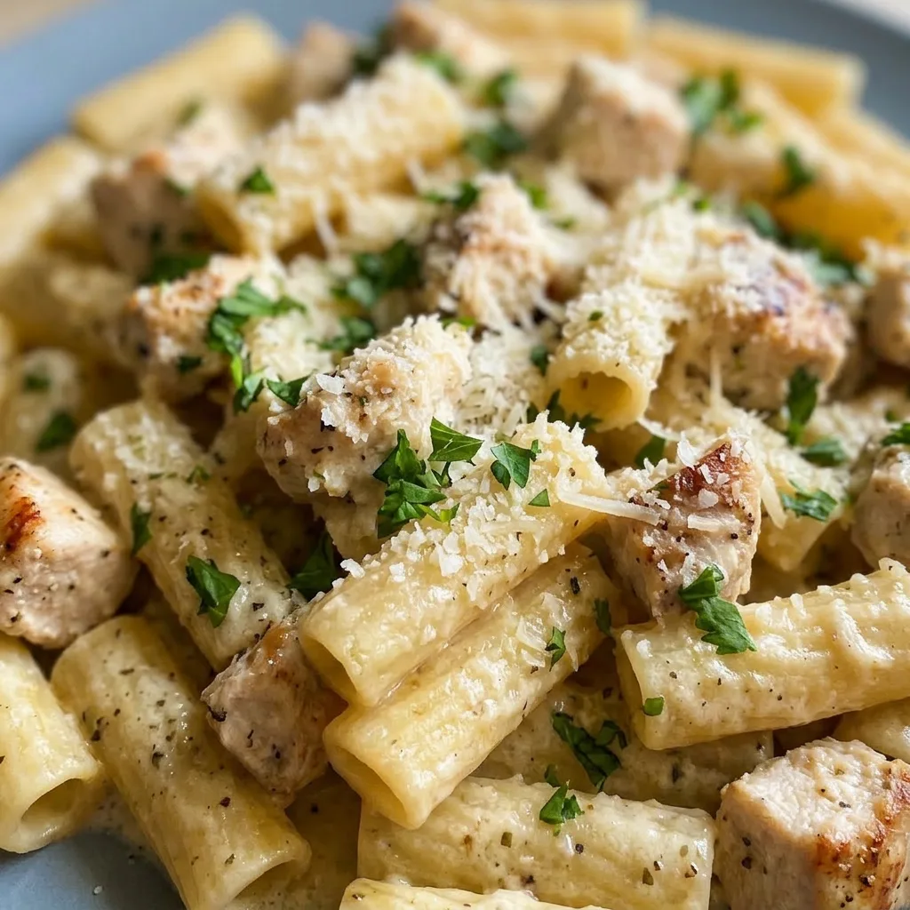 Macro detail of a rigatoni strand wrapped in creamy sauce, with a piece of chicken and a garlic clove.