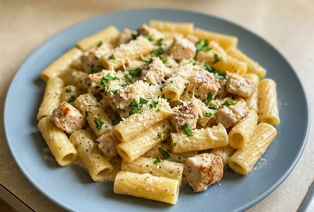 Top-down look at garlic butter chicken and rigatoni, coated in creamy Parmesan sauce, with visible garlic pieces.