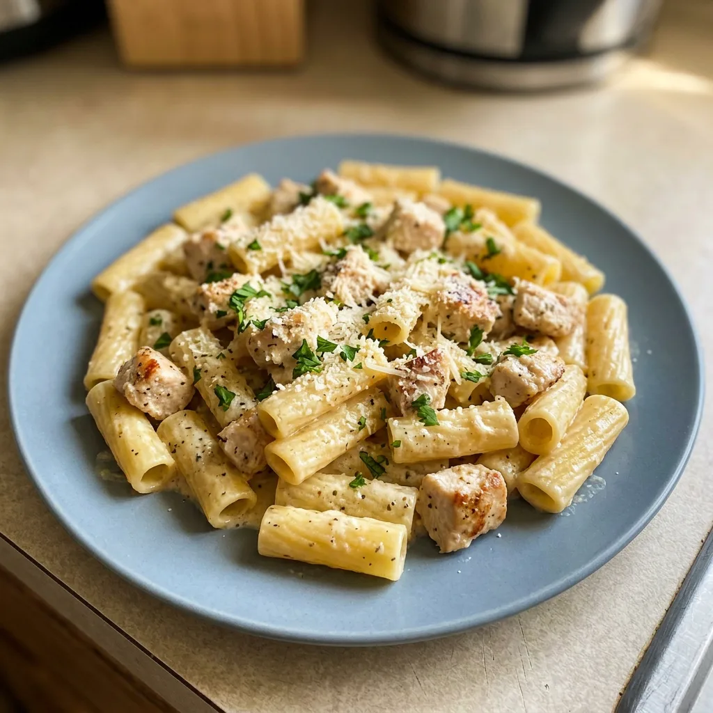 Top-down look at garlic butter chicken and rigatoni, coated in creamy Parmesan sauce, with visible garlic pieces.