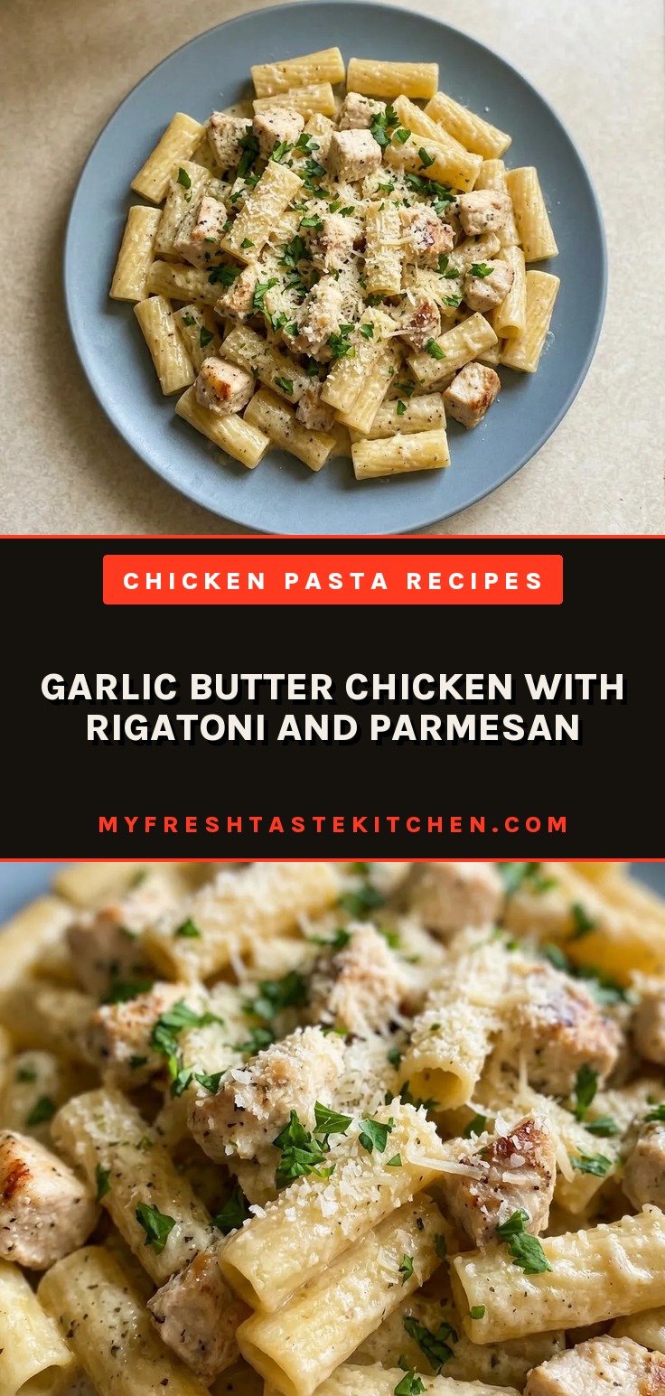 Top-down look at garlic butter chicken and rigatoni, coated in creamy Parmesan sauce, with visible garlic pieces.