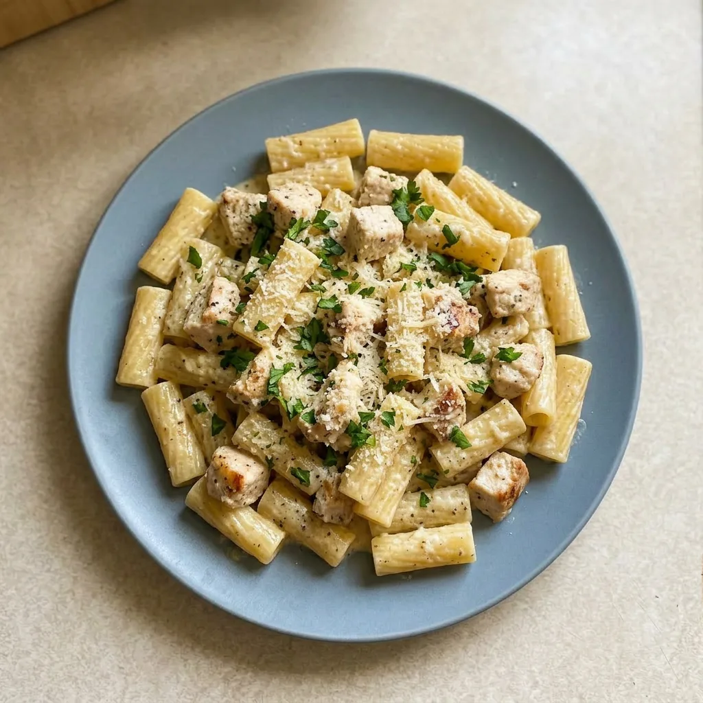 A serving of garlic butter chicken with rigatoni, topped with grated Parmesan and parsley.