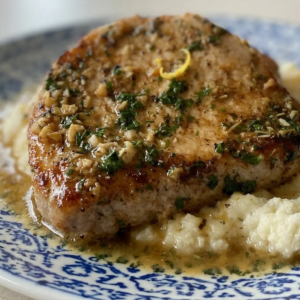 Up close, a seared pork chop with garlic cloves, butter, and a lemon wedge, garnished with fresh parsley.