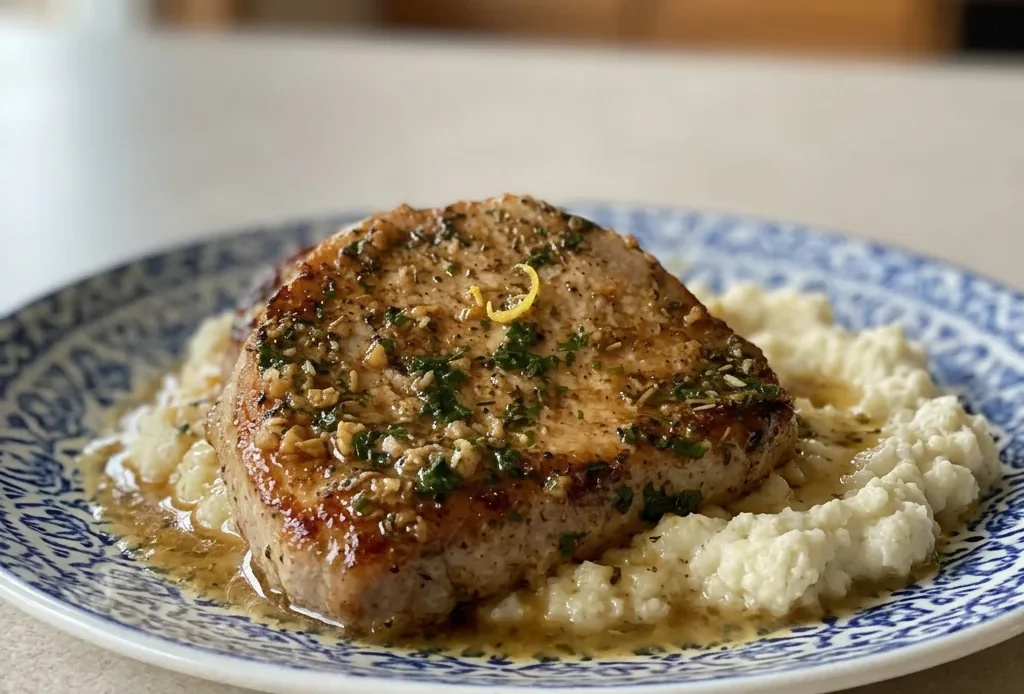 Looking down at two garlic butter pork chops topped with lemon slices and parsley, with a pool of garlic butter sauce.